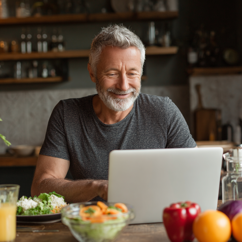 Чоловік 58 років переглядає персоналізований план харчування на комп'ютері, задоволений виразом обличчя