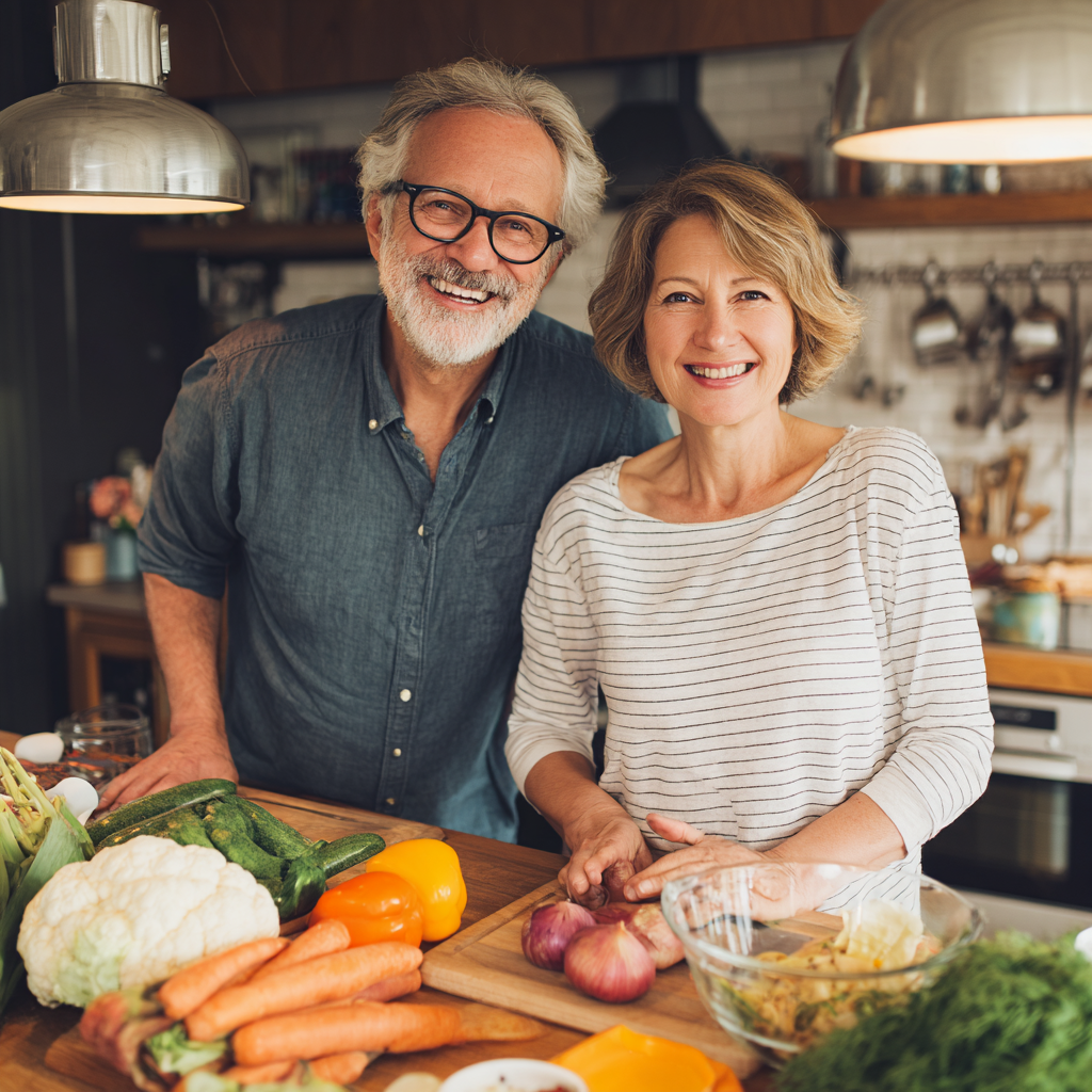 Пара 52 і 56 років готує здорову їжу на кухні за рецептами з glandurest, щасливі та енергійні
