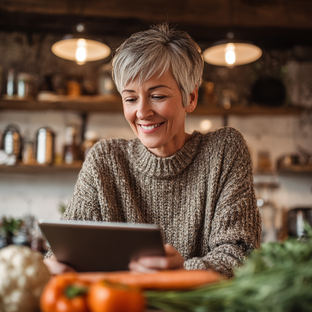 Жінка середнього віку 55 років обирає цілі для харчування на планшеті, усміхається